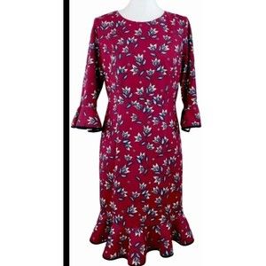 Nanette Lepore Berry Red Flounce Sheath Dress 3/4 Slv Flutter Floral Office M 10